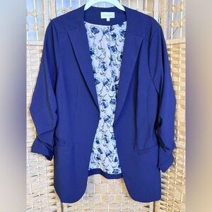 Skies Are Blue Navy Blue Front Open Blazer with Floral Lining Size Large